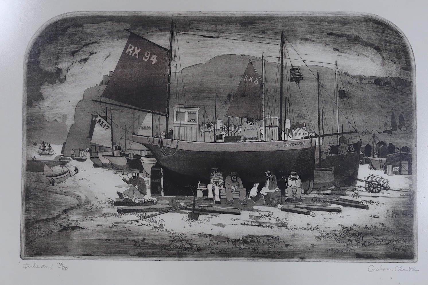 Graham Clarke (1941-), etching and aquatint, 'Industry', signed in pencil, 96/100, 34 x 54cm